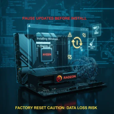 A futuristic PC motherboard with Ryzen CPU and Radeon GPU, overlaid by holographic install screen warning of data loss.