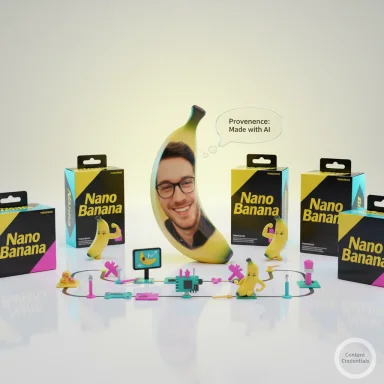 Banana-shaped display featuring Nano Banana boxes and a speech bubble claiming AI provenance.