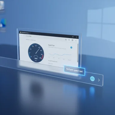 A futuristic holographic display shows a speed-test dashboard with a glowing 'Perform speed test' button.
