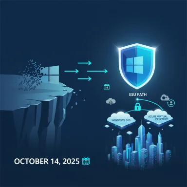 Windows logo dissolves into arrows guiding toward a shielded cloud path with Windows 365 and Azure Virtual Desktop.