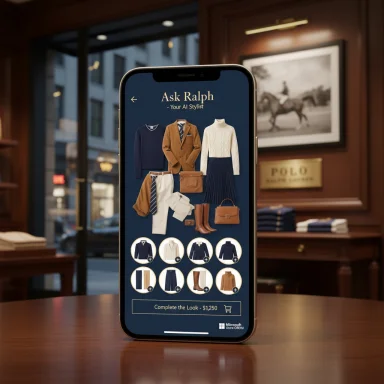 A smartphone on a wooden table displays an AI stylist app with outfit options.