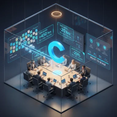 A futuristic glass-walled conference room with holographic dashboards projecting metrics around a central meeting table.