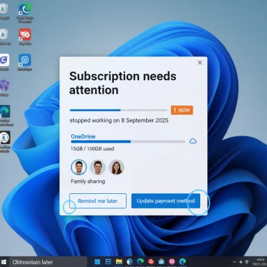A Windows desktop shows a “Subscription needs attention” alert prompting to update payment method.