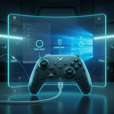Holographic blue overlay with an Xbox controller and on-screen task view, game bar, and power options.