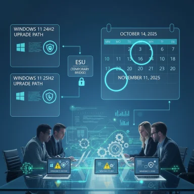 A team of professionals analyzes Windows 11 upgrade paths via holographic dashboards and a calendar.