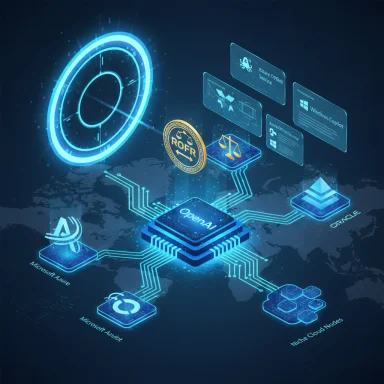 Futuristic AI network centered on OpenAI, linking Azure, Oracle, and cloud nodes.