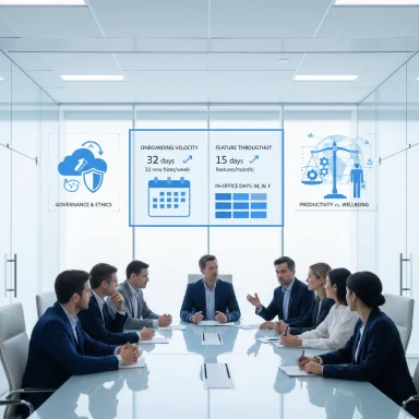 Executives in a glass-walled boardroom discuss strategy as blue data graphics appear on the wall.