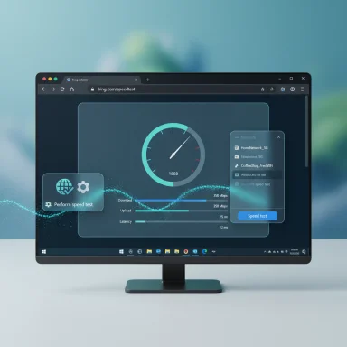 A modern monitor displays a network speed test UI with a circular gauge and progress graphs.