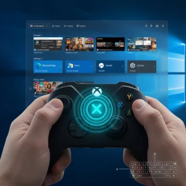 Hands grip a glowing Xbox-style controller before a Windows desktop Start screen.
