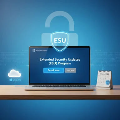 Laptop on a desk promoting Windows Extended Security Updates (ESU) with an Enroll Now button.