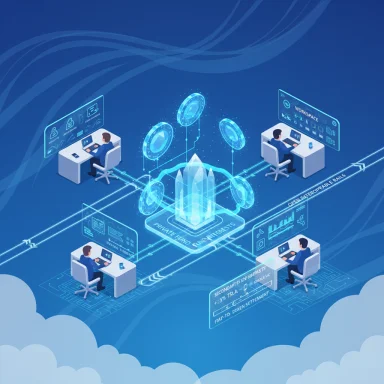 A futuristic fintech hub with operators at desks connected to a central holographic investment crystal.