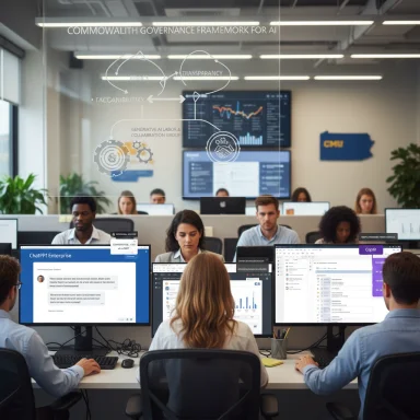 A busy open-plan office with employees at computer desks and a glass wall showing AI governance diagrams.