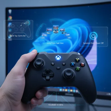 A hand holds an Xbox controller in front of a screen displaying holographic UX hints.