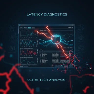 Futuristic latency diagnostics dashboard with neon graphs and a glowing cube.