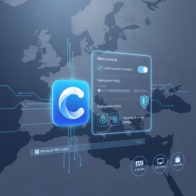 Futuristic holographic admin dashboard over a world map, featuring deployment policies and a blue C logo.