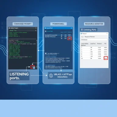 Infographic showing listening ports and Windows monitoring tools.