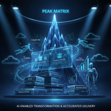 A neon blue holographic peak labeled 'Peak Matrix' depicting AI-enabled transformation and accelerated delivery.