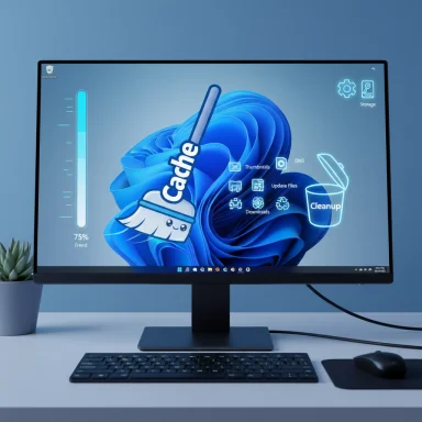 A monitor shows a blue-themed cleanup software interface with a broom icon and the word “Cache.”