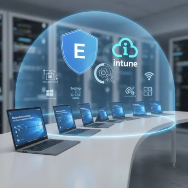 Row of laptops on a curved desk beneath a holographic display with an E shield and Intune logo.