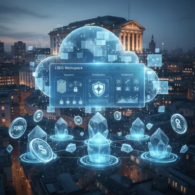 A futuristic holographic cloud computing dashboard floats above a city skyline.