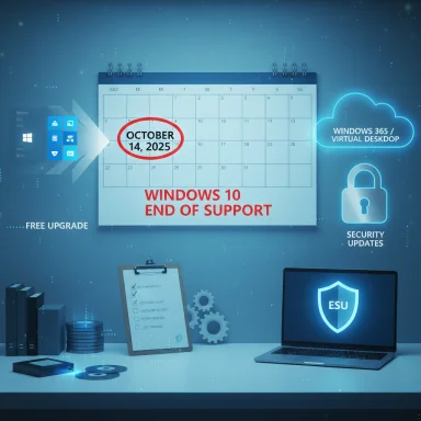 Calendar marks Oct 14, 2025: Windows 10 end of support, with security and upgrade visuals.