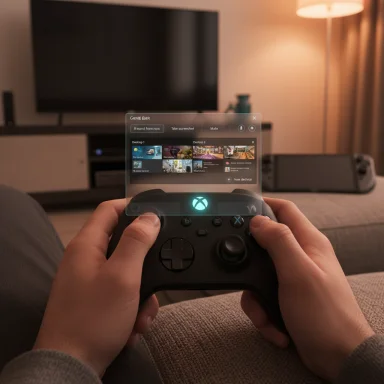 Person playing on an Xbox controller in a cozy living room with a translucent Game Bar overlay.