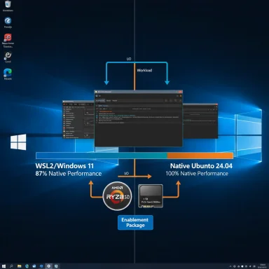 Windows 11 desktop showing a performance diagram of WSL2 vs native Ubuntu 24.04 via an Enablement Package.