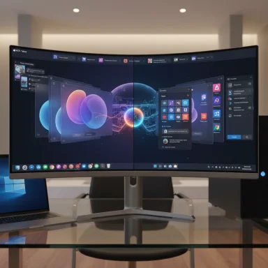 A curved ultrawide monitor on a glass desk displays multiple floating app windows.