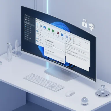 Sleek white desk with a large monitor, keyboard, and mouse in a clean tech setup.
