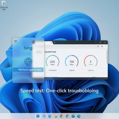 Windows 11 desktop showing a Bing speed test widget with 250 Mbps down, 150 Mbps up, 5 ms latency.