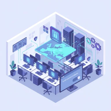 A futuristic data-center control room with multiple workstations, servers, and a glowing world map.