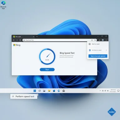 Windows desktop displaying Bing Speed Test in a browser with a 52% gauge.