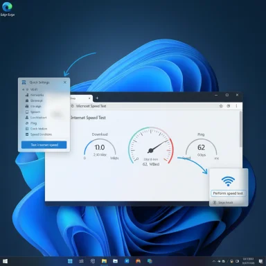 Windows desktop with floating speed-test UI on a blue wallpaper, displaying download and ping gauges.