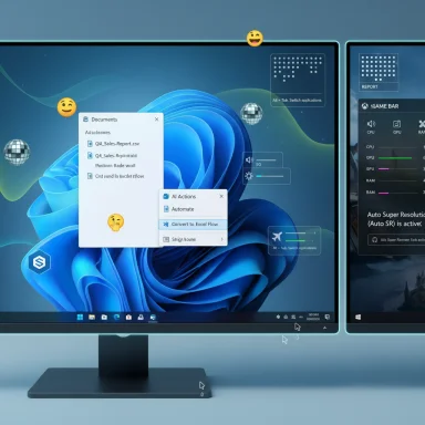A futuristic dual-monitor setup with floating windows and AI action panels over a blue abstract wallpaper.