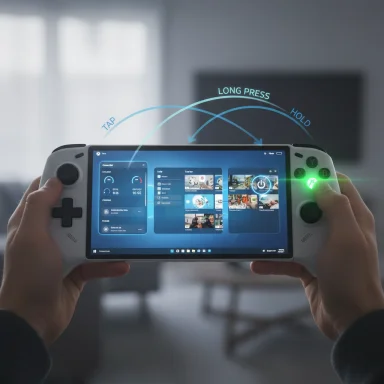 Person holds a handheld gaming console showing on-screen gesture prompts: tap, long press, hold.