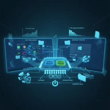 Futuristic neon blueprint of a dual-core processor with data flows and dashboards.