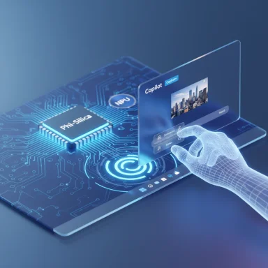 Futuristic holographic laptop with Phi-Silica NPU chip and Copilot interface.