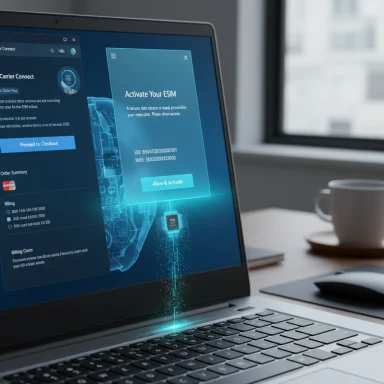 A laptop displays a futuristic holographic UI with an 'Activate Your ESIM' dialog.