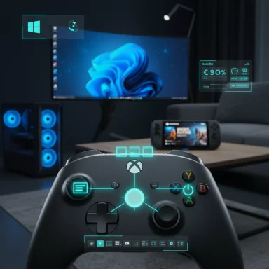 Futuristic gaming setup with a glowing Xbox controller and holographic HUDs in a dim living room.