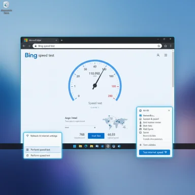 Desktop shows Bing speed test with a large speedometer and floating widgets.