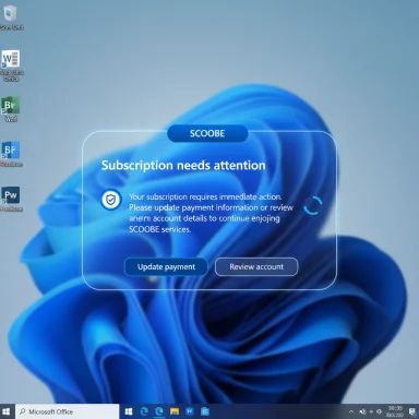 Windows desktop showing a blue 'Subscription needs attention' alert asking to update payment.
