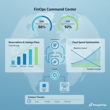 FinOps Command Center infographic detailing ESR 68%, CLR 92%, savings graphs, and automated cloud optimization flow.