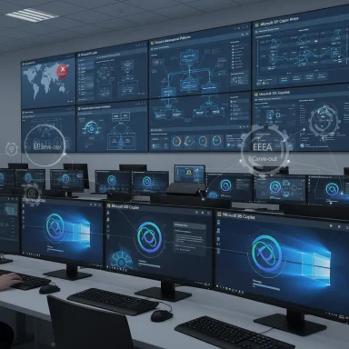 A high-tech control room filled with dozens of monitors displaying data dashboards and analytics.