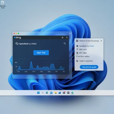 Windows 11 desktop with a Speedtest by Ookla window and a network settings popup.