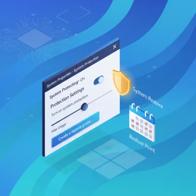 Isometric illustration of system protection settings with a shield icon and a restore point calendar.