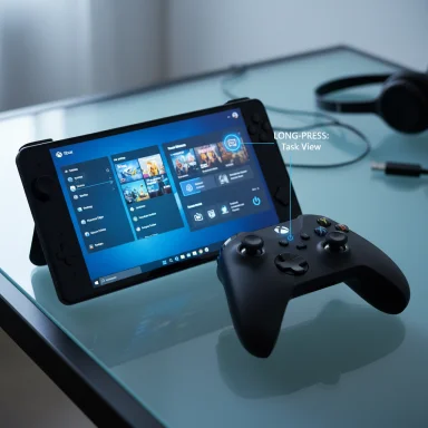 Handheld gaming device with a Windows-like UI and a connected controller on a glass desk.