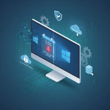 Isometric desktop display with cloud and security icons, illustrating Azure Virtual Desktop and Microsoft 365.