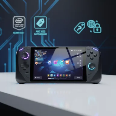 A handheld gaming console with a large screen and glowing controls on a futuristic circuit backdrop.