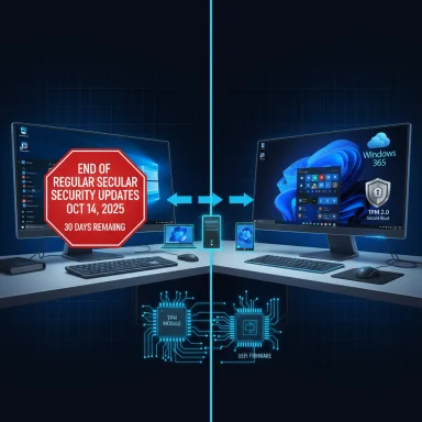 Split desktop setup: left warns of end of regular security updates, right shows a secure Windows 365 system.