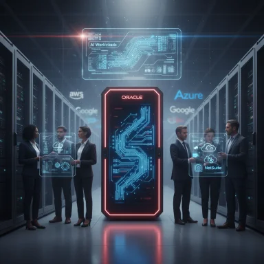 Futuristic data center where professionals review holographic dashboards around Oracle, AWS, Google and Azure.